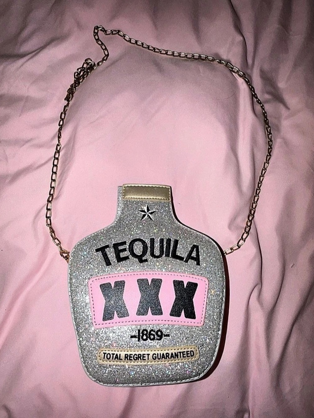 Glitter Tequila Bottle Crossbody Bag Silver & Pink